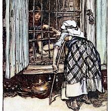 An old woman with a crutch stands before a cage where a boy is kept prisoner