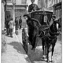 A woman steps out of a hansom cab