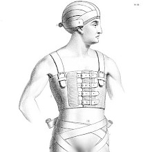 Medical plate showing a man wearing head and groins bandages and a rib belt