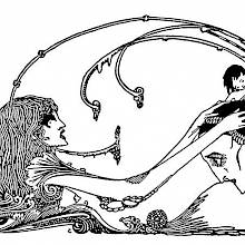 A woman takes the head of another between her hands as a child seems to rise from it