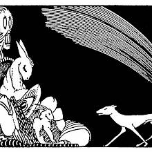 Three odd-looking animals can be seen in the foreground as a light flashes in the background