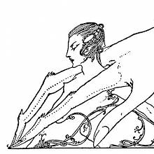 A hand without a body scratches at the ground while enfolding a woman's torso between two fingers