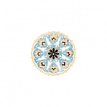Circular ornament with blueish-gray background, orange border, and floral design