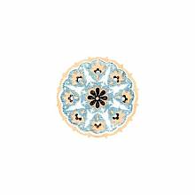 Circular ornament with blueish-gray background, orange border, and floral design