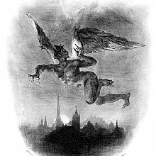 Mephistopheles is flying over a city and looks back as if startled by a call from above