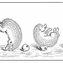 A hedgehog performs a forward roll to impale and pick up an apple on its spines