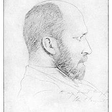 Sketched profile portrait of Henry James with a handwritten dedication by John S. Sargent
