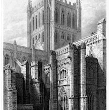 View of the tower and north transept of Hereford Cathedral