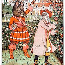 A cheerful monster with a boar-like head walks up behind a man picking roses in a park
