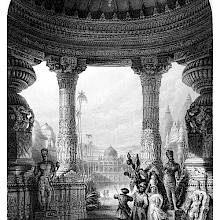 Interior view of a pavilion showing statues and lavish and intricate architectural decoration