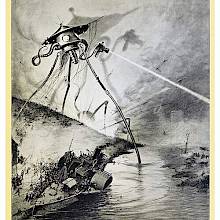 A tall robot-like creature shoots a ray gun across a river where a steamboat leans to one side