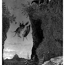 A rider and his horse are falling into a precipice as two men are talking on the edge of the cliff