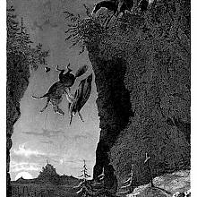 A rider and his horse are falling into a precipice as two men can be seen at the edge of the cliff