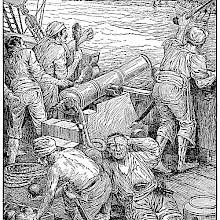 Men on a ship are busy around a cannon, ready to fire it