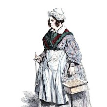 Portrait of a middle-age, portly woman carrying a dustpan and a trash can