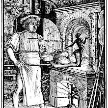 A baker about to put bread in the oven discovers a spirited imp