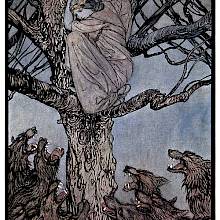 A distressed woman has climbed up a tree to find refuge from a horde of wolves snarling below her