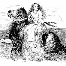 A young woman rides sidesaddle a horse headed out to the open sea