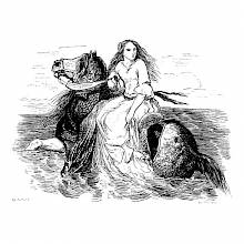 A young woman rides sidesaddle on a horse as it heads out to the open sea