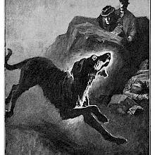 A crazed-looking dog comes racing forth as two men watch in the background, hidden behind a rock