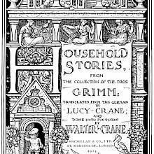 Title page for Household Stories showing a boy with a large key entering a house