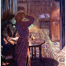 A woman stands clutching her head next to a man reading at a table. They look at the ajar door