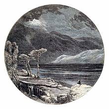 Mountainous landscape in stormy weather with a lake and a figure kneeling on a rock