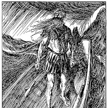 A long-bearded man stands defiantly at the stern of a small boat caught in a storm