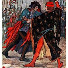 Two men are fighting in the courtyard of a castle, one with a knife, the other with a hatchet