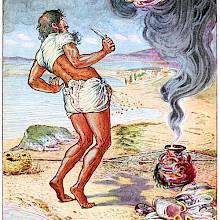 A man standing on the seashore looks in astonishment as a monster arises from a smoking jar