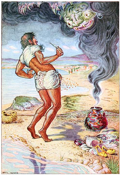 A man standing on the seashore looks in astonishment as a monster arises from a smoking jar