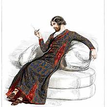 Fashion plate showing a man in a stylish dressing gown reclining on cushions