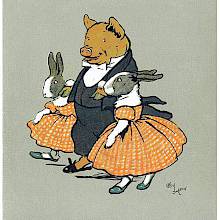 A pig in a tailcoat gives his arms to two female bunnies wearing orange dresses