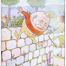 Humpty Dumpty is falling from the wall on which he was sitting