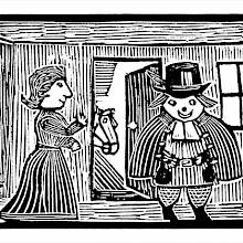 A man stands in a room, fully dressed, , with two bottles of wine hanging from his belt, with his wife by his side