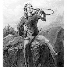 A youth is sitting on the edge of a cliff, blowing into a horn with his legs dangling in the void
