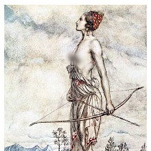 A bare-chested woman stands holding a bow and arrow to her side ax a leopard licks her feet