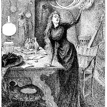 A woman stands shaking her fist in frustration as various macabre items can be seen in the room