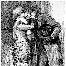 A woman kisses a man gently on the forehead while they hold hands