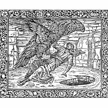 An eagle carries a man in its claws and is about to lay him down on the ground