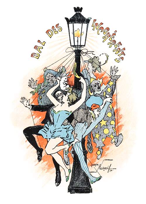 Poster for the ball of the Incohérents with dancers and clownish figures hanging from a street lamp