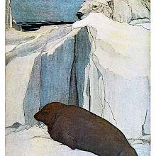 A seal is lying on an ice field, unaware of the polar bear crouching above its head