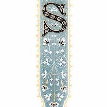 Ornamental initial S with foliate design on blueish-gray background and orange border.