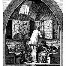 Cross-section of the cabin of a cannon shell-shaped rocket showing a man inspecting a closet, etc.