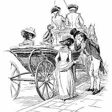 A man raises his hat to a young woman about to join her friends in a carriage