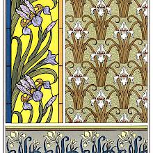 Art Nouveau ornamental patterns, each featuring a distinct stylized iris design