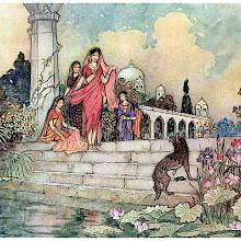 A princess and her maids watch a jackal eating betel leaves on the steps leading to a palace pond