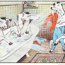 Three mules are having a bath in the same tub, as the other mules get ready to take their turn