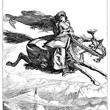 A man rides a horse galloping in the sky, high above the mountain tops, with a woman behind him