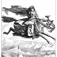 A man rides a horse galloping through the sky, while the woman behind wraps her arms around him